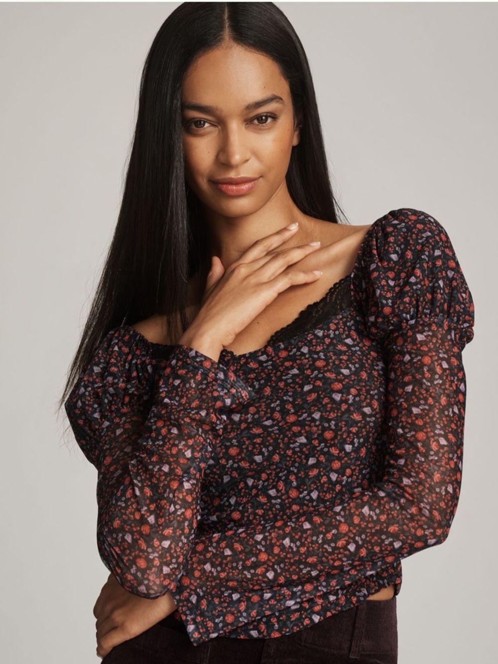 Anthropologie Maeve Mutton-Sleeve Scoop-Neck Ditsy Floral Top